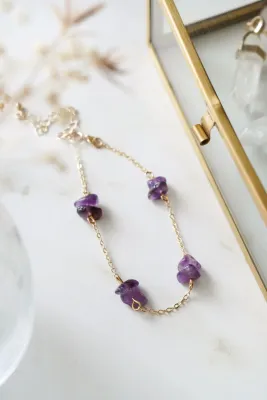 Gold Tone Raw Amethyst Crystal Link Bracelet