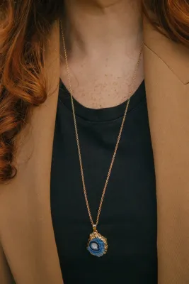 Gold Tone Long Length Mini Raw Blue Agate Pendant Necklace