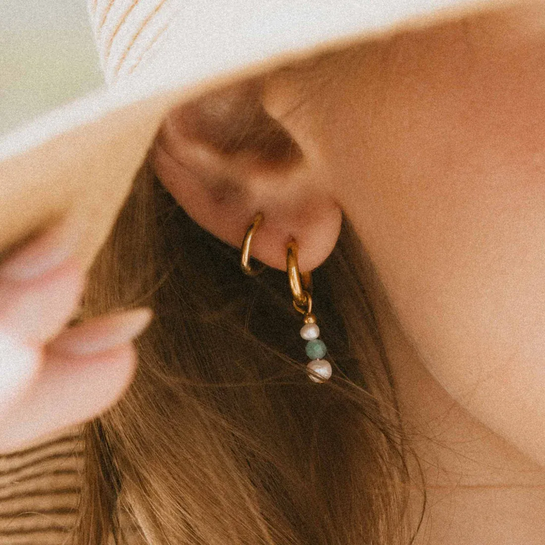 Blue Stone &amp; Pearl Waterproof Gold Hoop Set