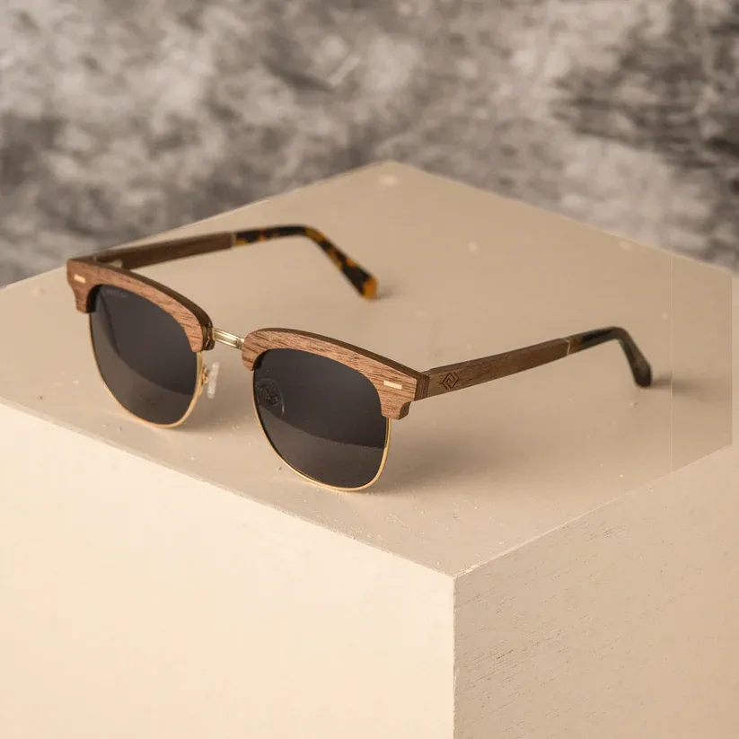 Biarritz Club master Frame Wooden Sunglasses with polarized mirror lenses