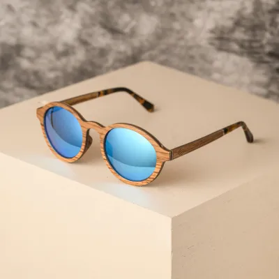 Lagos Wooden Frame Sunglasses in Circular Fashion Frame with Polarized Mirror
