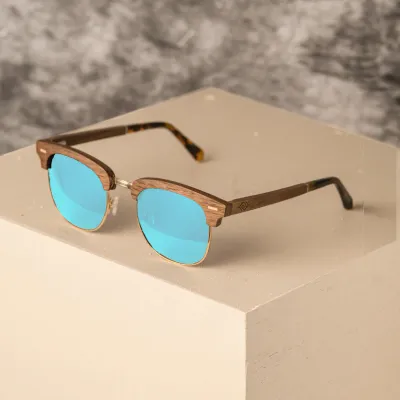 Biarritz Club master Frame Wooden Sunglasses with polarized mirror lenses