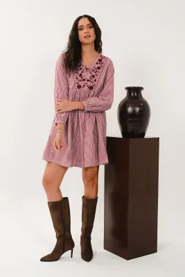 Embroidered Striped Tunic Dress