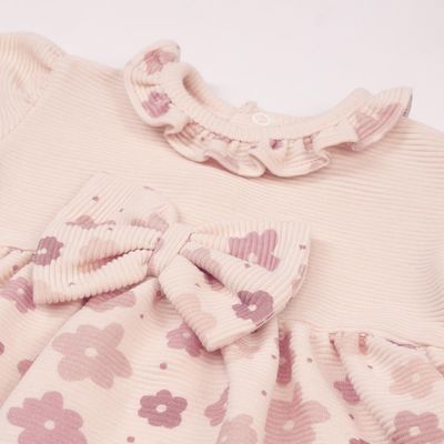 Ribbed Cotton Dress with Floral Skirt and Front Bow