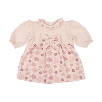 Ribbed Cotton Dress with Floral Skirt and Front Bow
