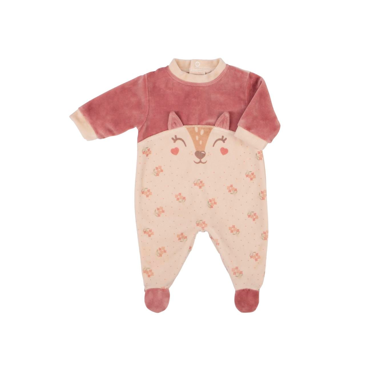 Baby Velvet Pajama with Back Opening and Animal Face Detail