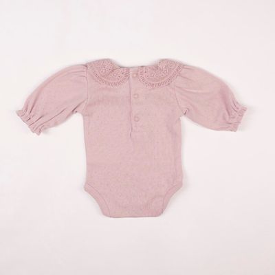 Long Sleeve Cotton Bodysuit with Back Opening and Lace Trim