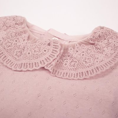 Long Sleeve Cotton Bodysuit with Back Opening and Lace Trim