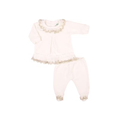 2‑Piece Organic Velvet Set with Golden Details: Long Sleeve Back‑Opening Top + Footed Pants