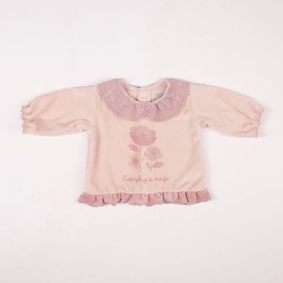 2‑Piece Velvet Set: Long Sleeve Back‑Opening Top with Lace Trim + Footed Pants