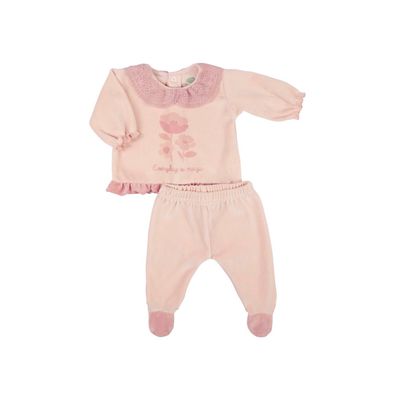 2‑Piece Velvet Set: Long Sleeve Back‑Opening Top with Lace Trim + Footed Pants