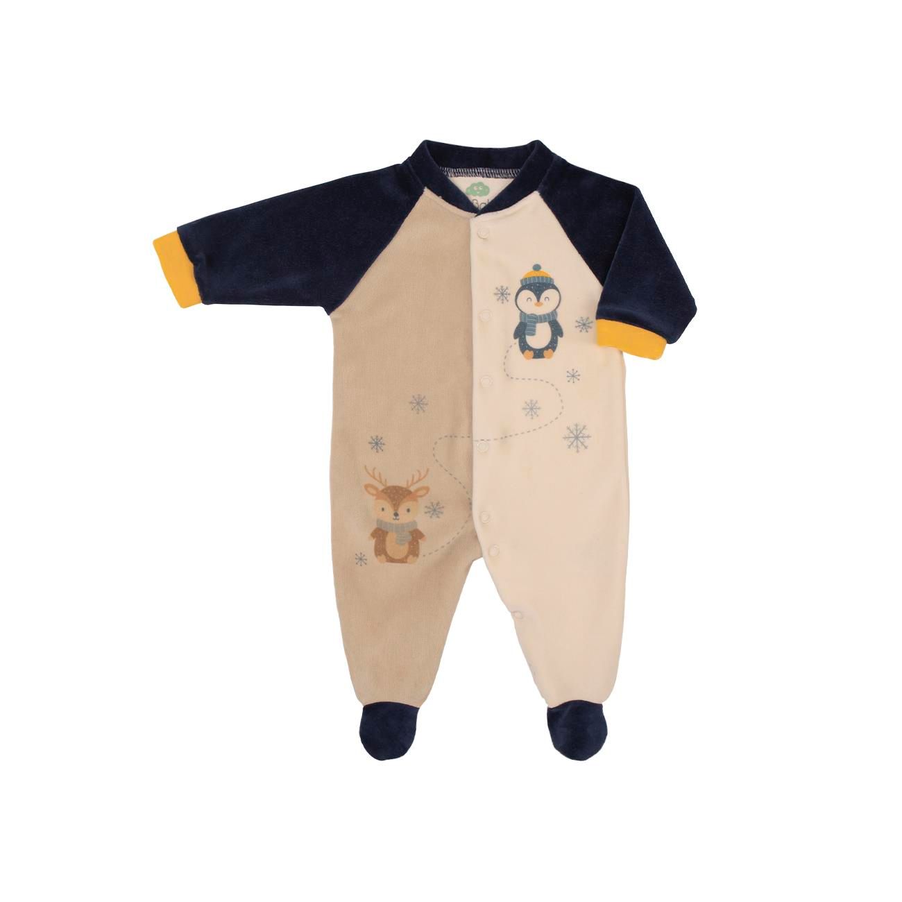 Velvet Baby Pajama with Front Opening – Winter Penguin &amp; Reindeer Design
