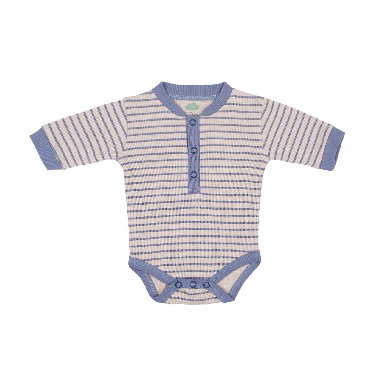 Long‑Sleeve Ribbed Cotton Bodysuit with Front Opening – Blue Stripe