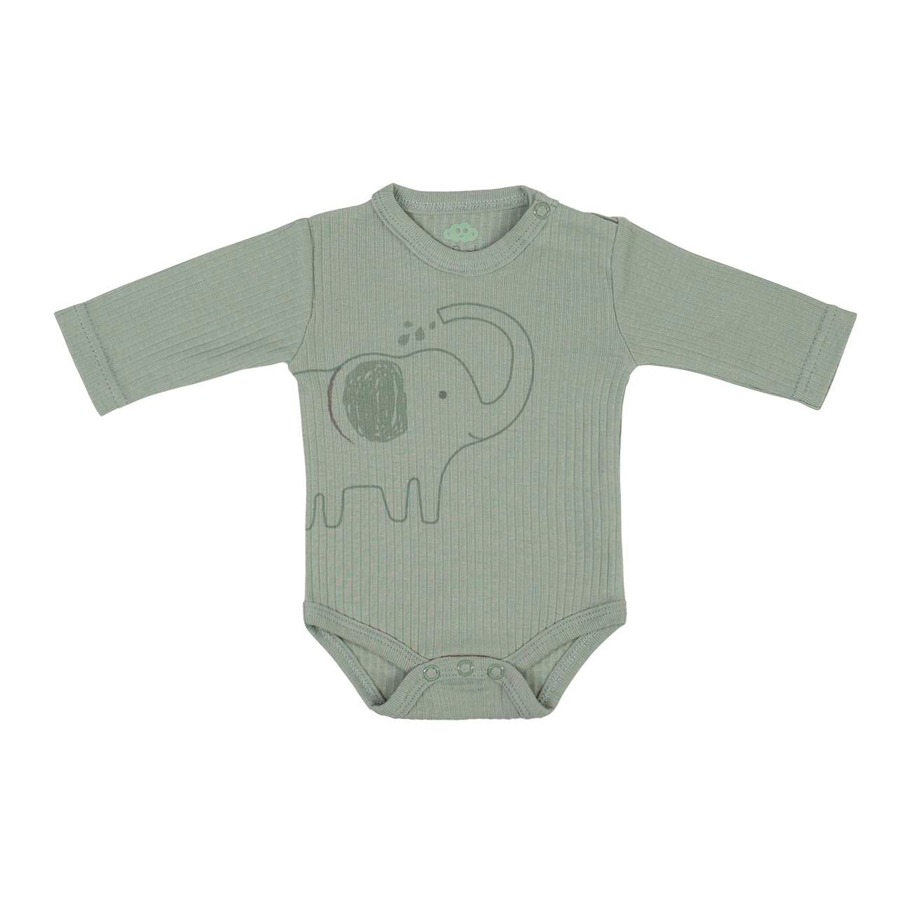 Long‑Sleeve Ribbed Cotton Bodysuit with Shoulder Opening – Elephant Design