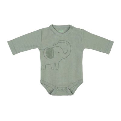 Long‑Sleeve Ribbed Cotton Bodysuit with Shoulder Opening – Elephant Design