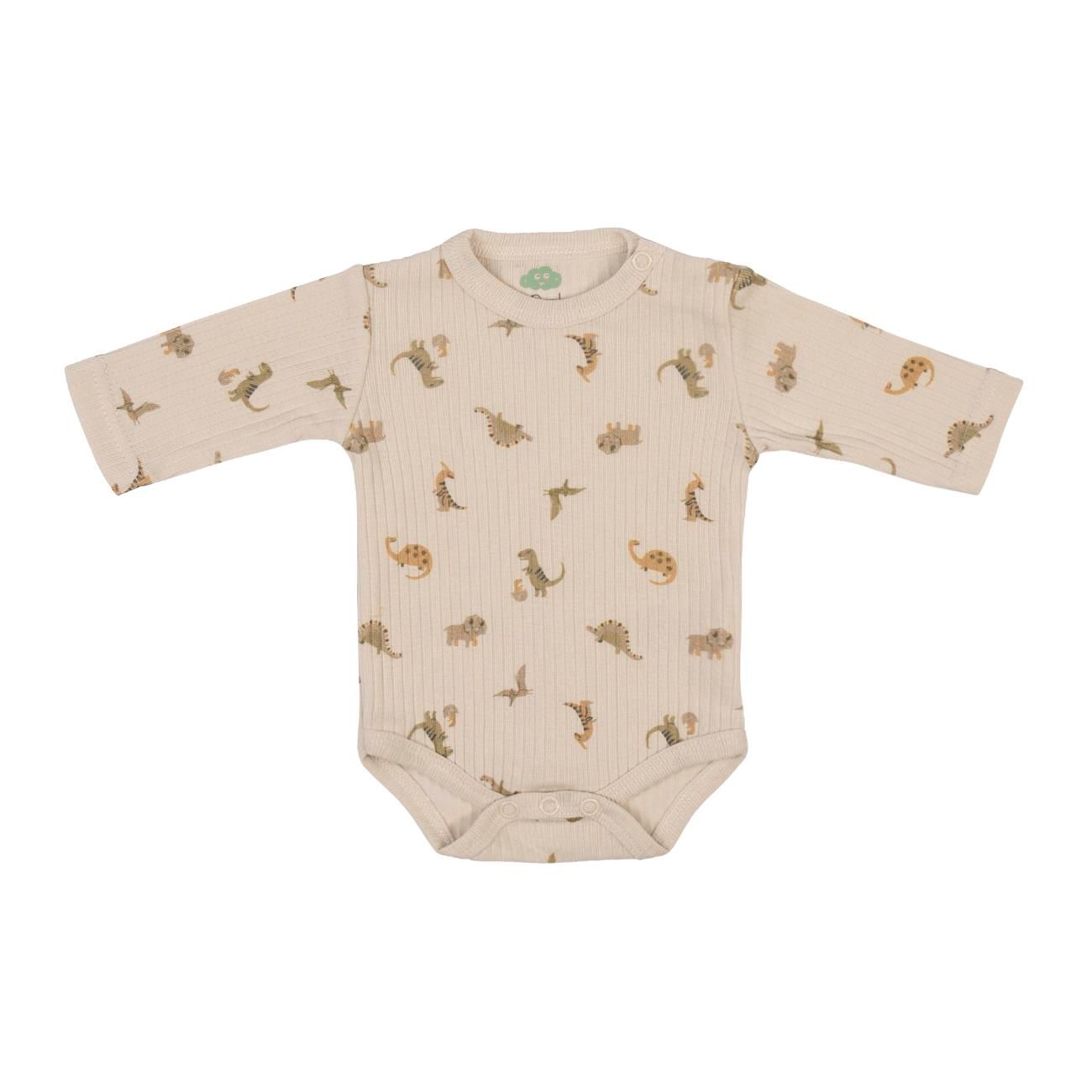 Long‑Sleeve Organic Ribbed Cotton Bodysuit with Shoulder Opening – Dinosaur Print