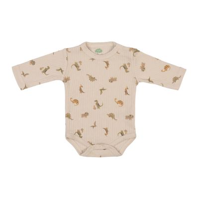 Long‑Sleeve Organic Ribbed Cotton Bodysuit with Shoulder Opening – Dinosaur Print