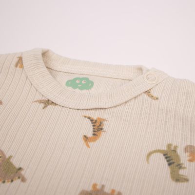 Long‑Sleeve Organic Ribbed Cotton Bodysuit with Shoulder Opening – Dinosaur Print