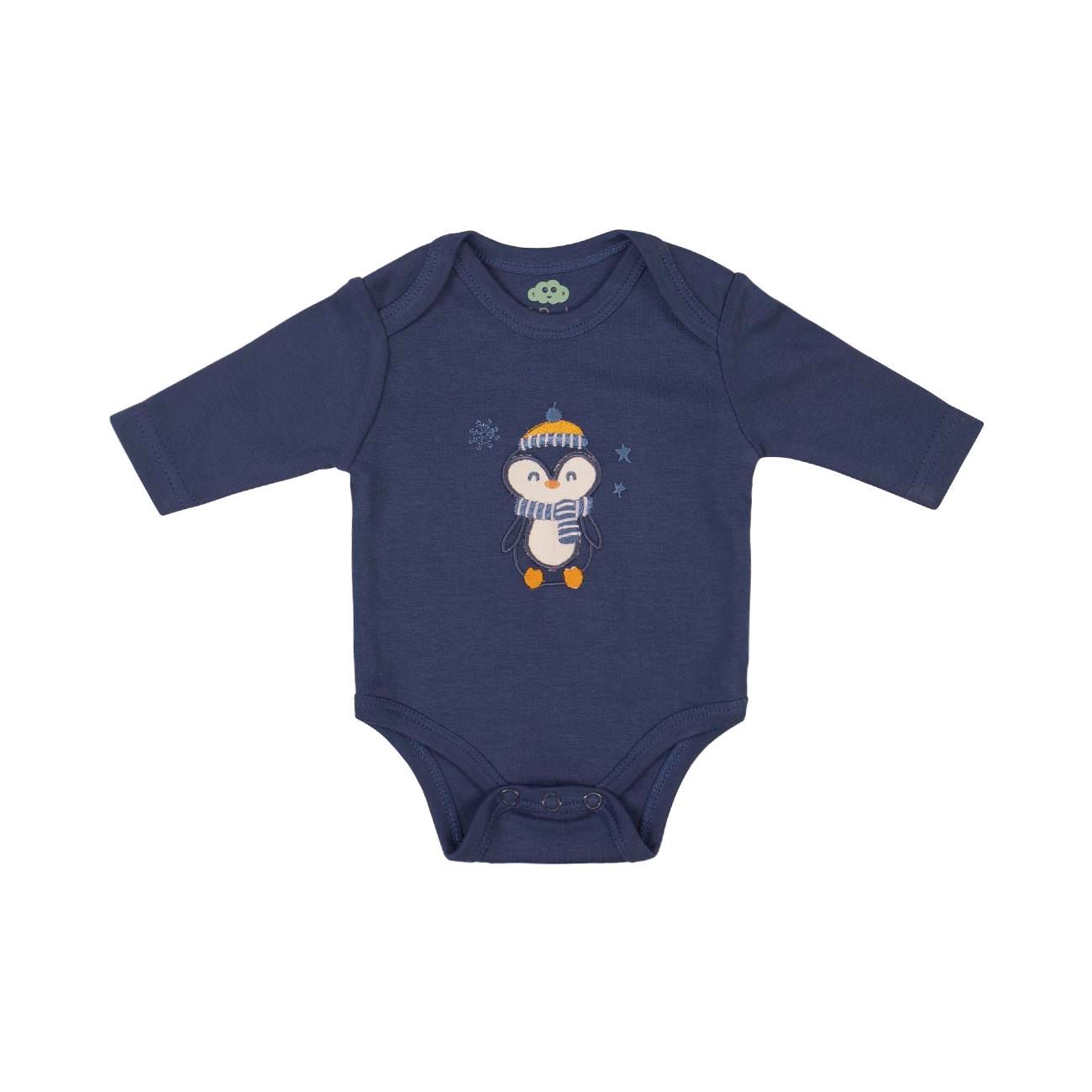 Long‑Sleeve Cotton Bodysuit – Penguin Winter Design