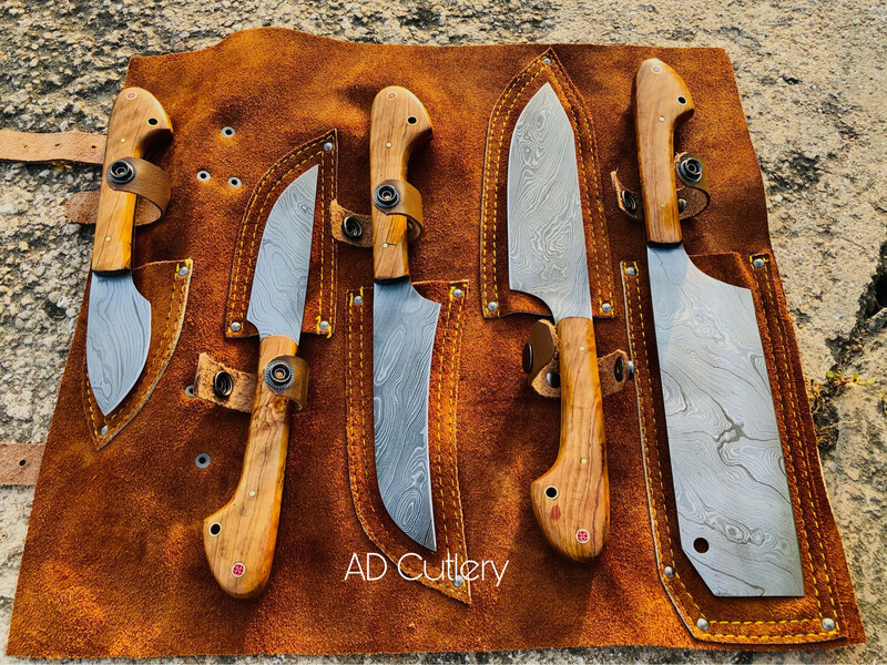 Handmade Damascus Steel Chef Set With Leather Roll Kit | AD Cutlery |