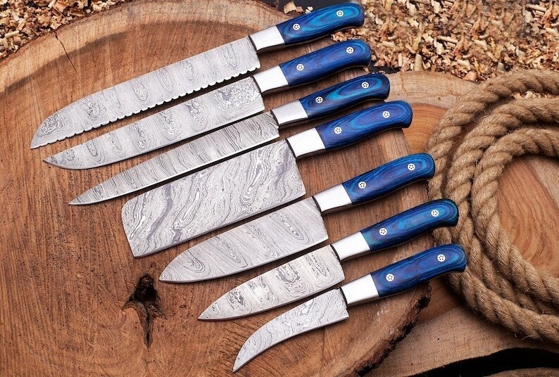 Custom Handmade Damascus steel CHEF&#39;S KNIVE Set of 7 Pcs, Damascus Chef knife set, Damascus Chef Knife,Christmas Gift | AD Cutlery |