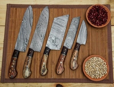 Best Damascus Chef Knife For Sale USA &amp; CANADA 5 Pieces Chef Kitchen Knives Set Chef Knives With Leather Roll Kit | AD Cutlery |