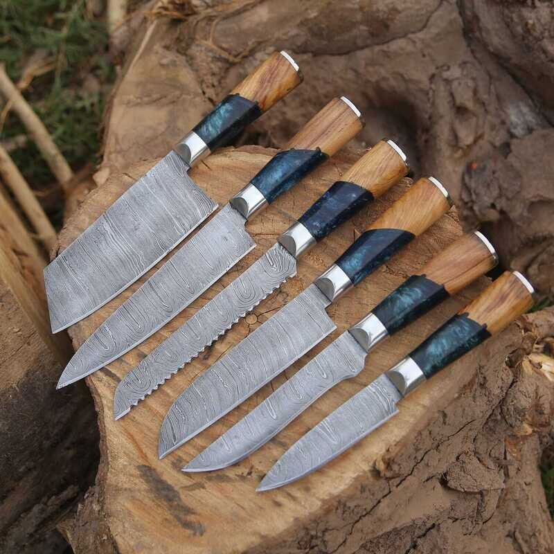 6 Pcs Handmade Knives, Damascus Chef Set, Kitchen Knives, Hand Forged Cutlery Set, Wedding Gift, Birthday Gift, Christmas Gift, Gift For Him | AD Cutlery |