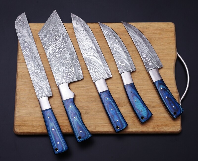 Custom Handmade Forged Damascus Steel 5 Pcs Knives Chef Set With Leather Roll Kit Best Birthday Gift For Her Wedding Gift Anniversary Gift | AD Cutlery |