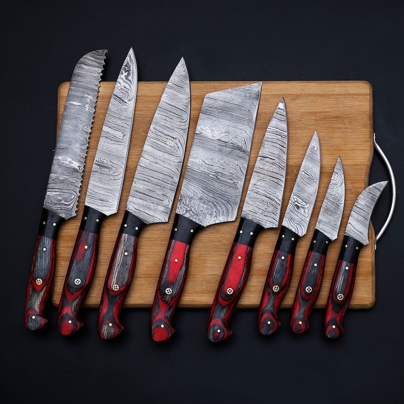 Custom Handmade Damascus 8 High Quality Kitchen Knife Set,damascus Chef Knife  Set With Roll Case Bag, Christmas Gift 