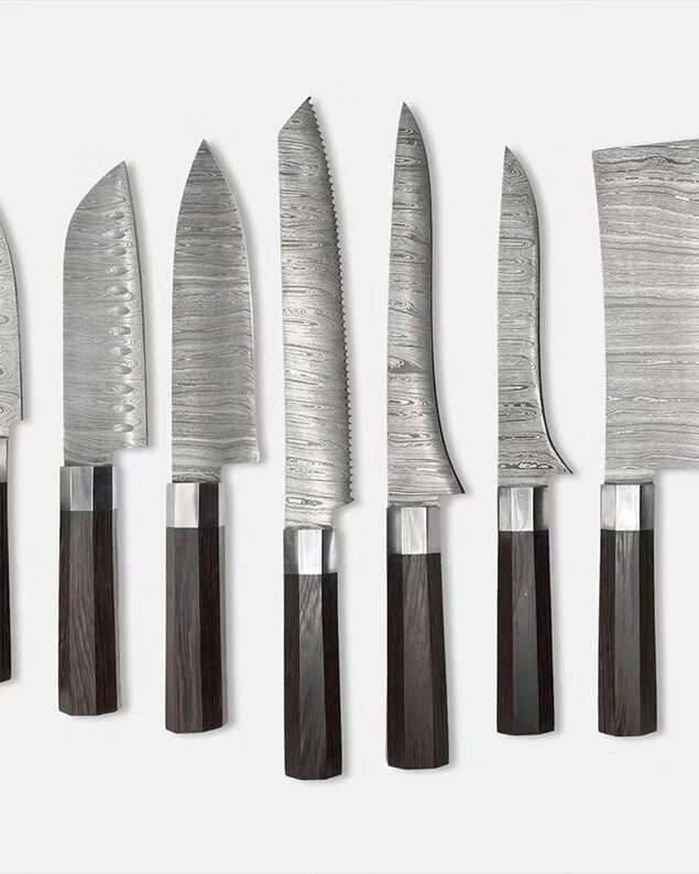Custom Handmade Damascus Steel 7 pieces Chef Set With Leather Roll Kit