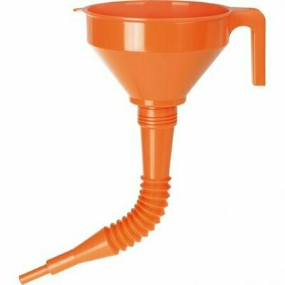 Trichter PE mit Sieb 16cm flexiblem Auslaufrohr, orange