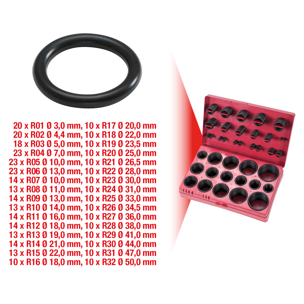 Sortiment O-Ringe,Innen Ø 3-50mm/R01-R32, 419-tlg