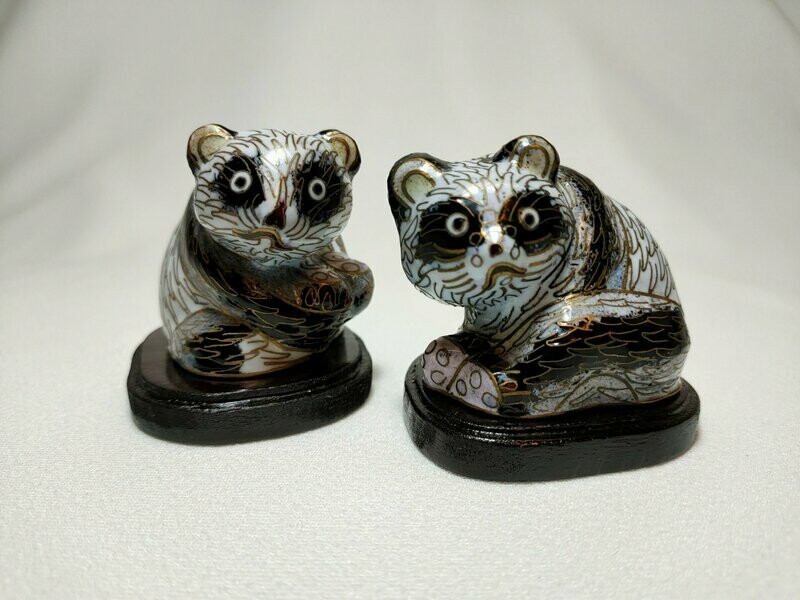 Coppia Panda Cloisonné con base Legno di  Rosa - H 6 cm - Bianco e Nero