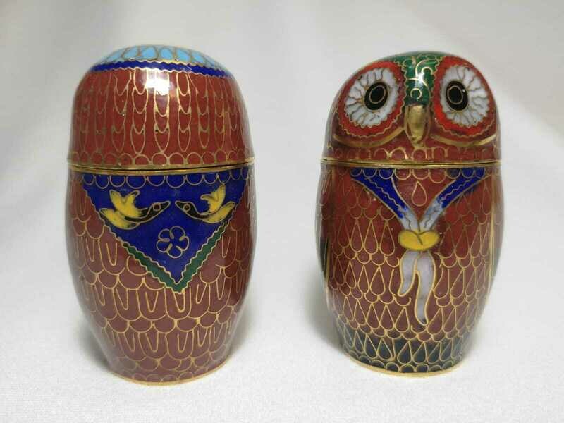 Coppia Gufi Cloisonné Scatola- H 7,5 cm  - Amaranto