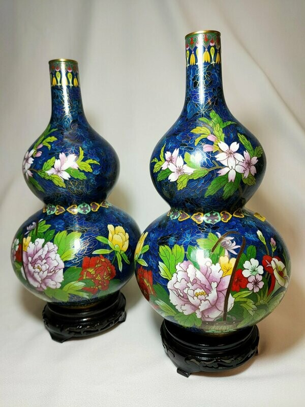 Coppia Vasi doppia sfera cloisonné con base legno - H 35 cm