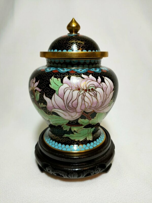 Potiche cloisonné nera con base legno - H 16 cm R4AB98N