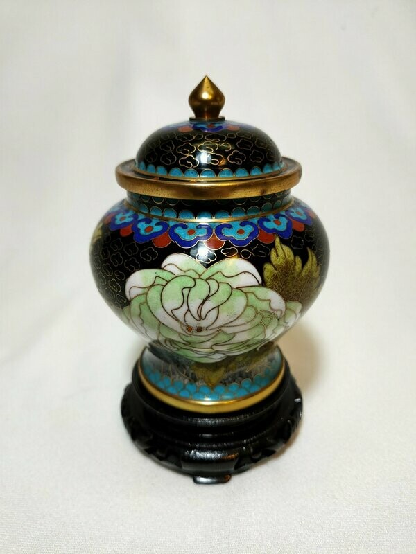 Potiche cloisonné nera con base legno - H 13,5 cm. R4AB97NE