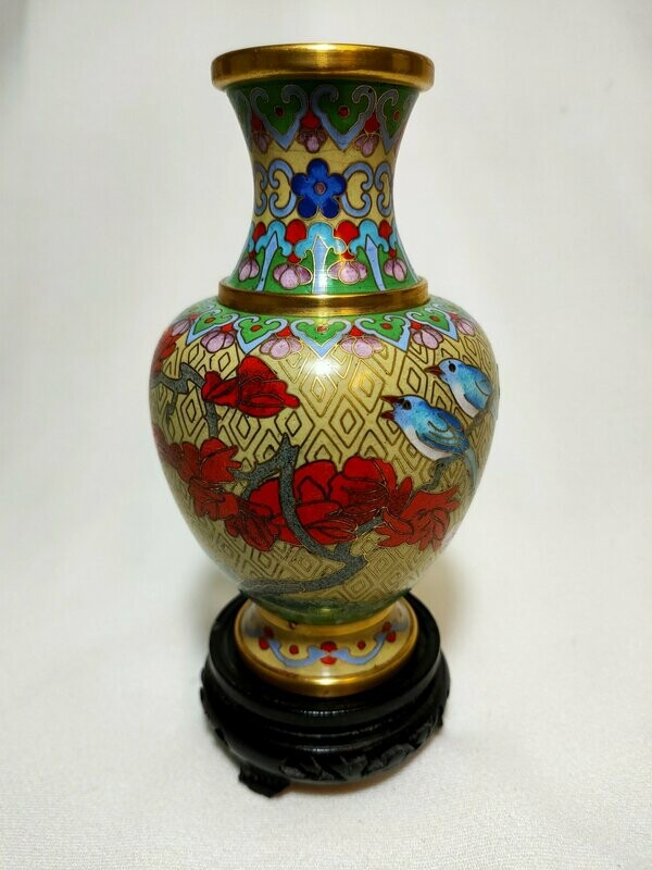Vaso Potiche cloisonné ocra con base legno - H 16 cm