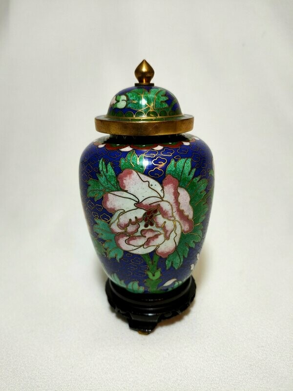 Potiche cloisonné blu con base legno - H 14 cm