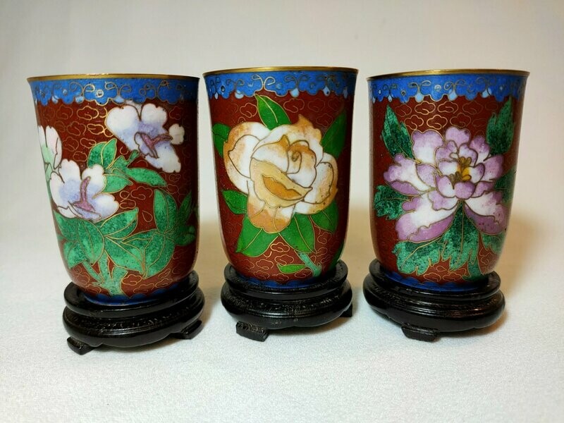 Bicchiere cloisonné rosso con base legno - H 7,5 cm