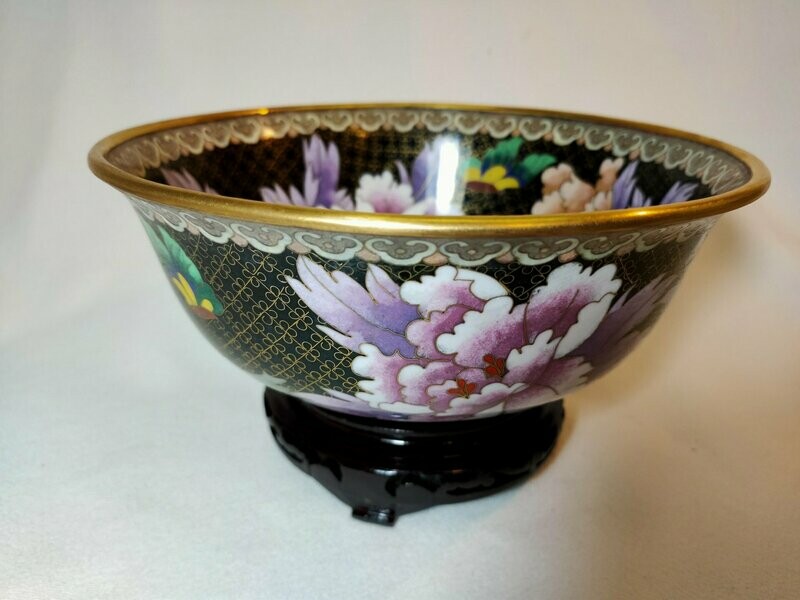 Ciotola cloisonné nera con fiori e base legno - H 12 cm. Dm. 21 - R4A95N