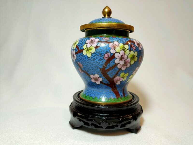 Potiche cloisonné azzurra con base legno - H 16 cm. - R4AD98AZ