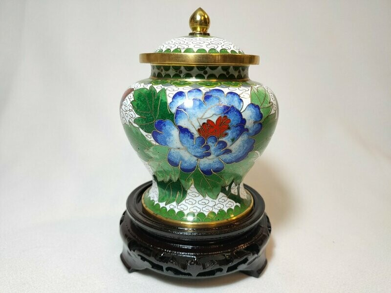 Potiche cloisonné bianca con base legno - H 16 cm -R4AB98B