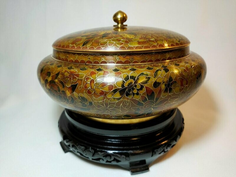 Cachepot Centro Tavola cloisonné con base legno - H 21 cm. - R5B93
