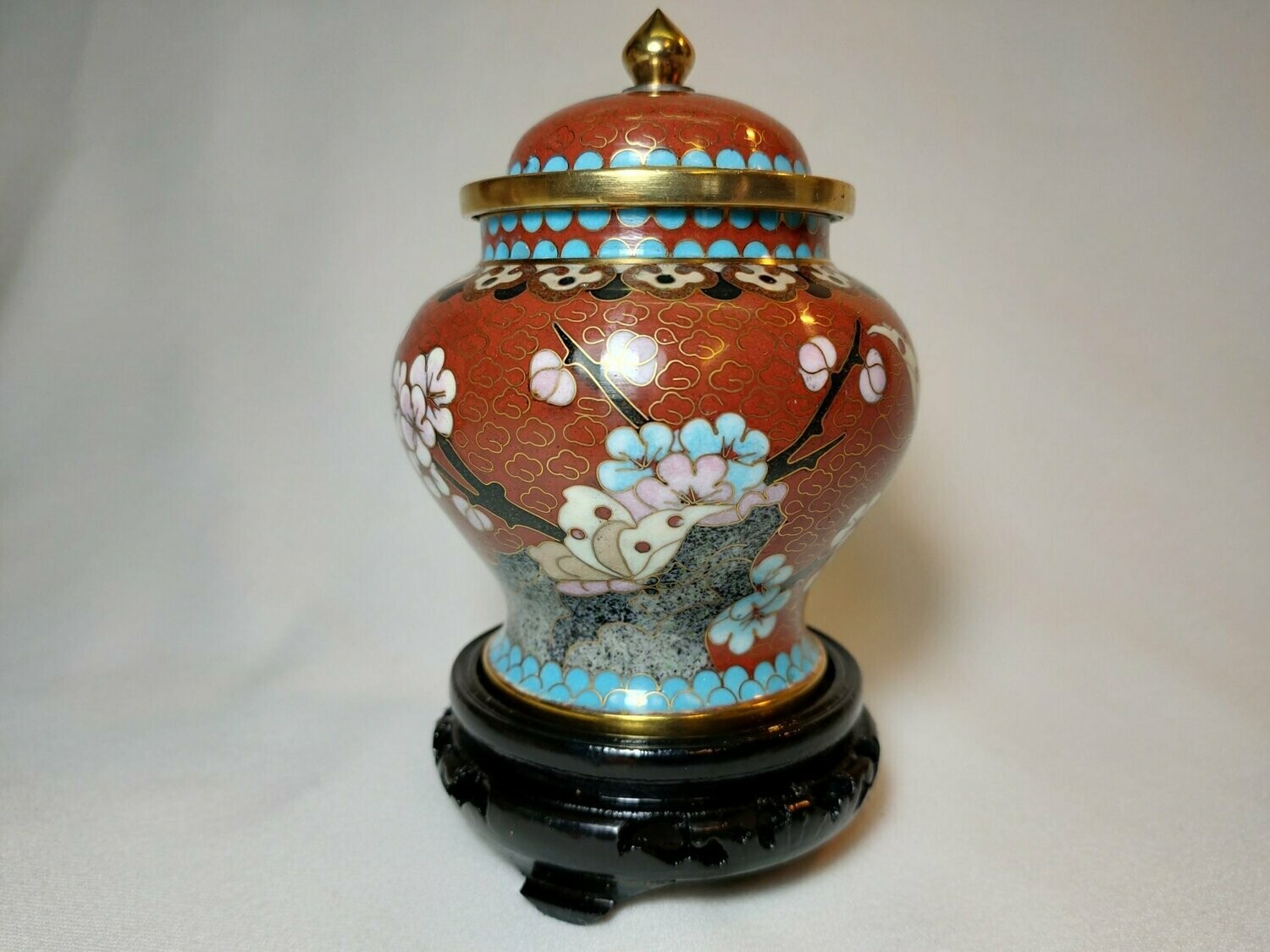 Potiche cloisonné rosso Cina con fiori base legno di rosa - H 13,5 cm. - R4AB97RS