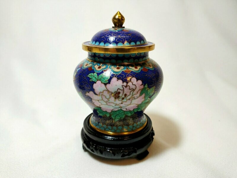 Potiche cloisonné blu Cina con fiori  base legno di rosa - H 13,5 cm - R4AB97BL