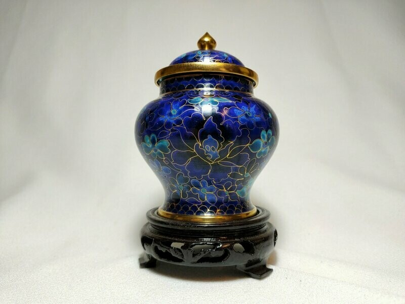 Potiche cloisonné gioco di blu base legno di rosa - H 13,5 cm - R4AB97 BLL
