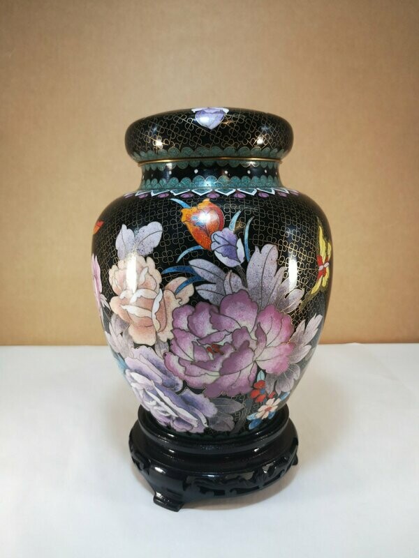 Potiche Cachepot Centro Tavola cloisonné con base legno - H 28 cm
