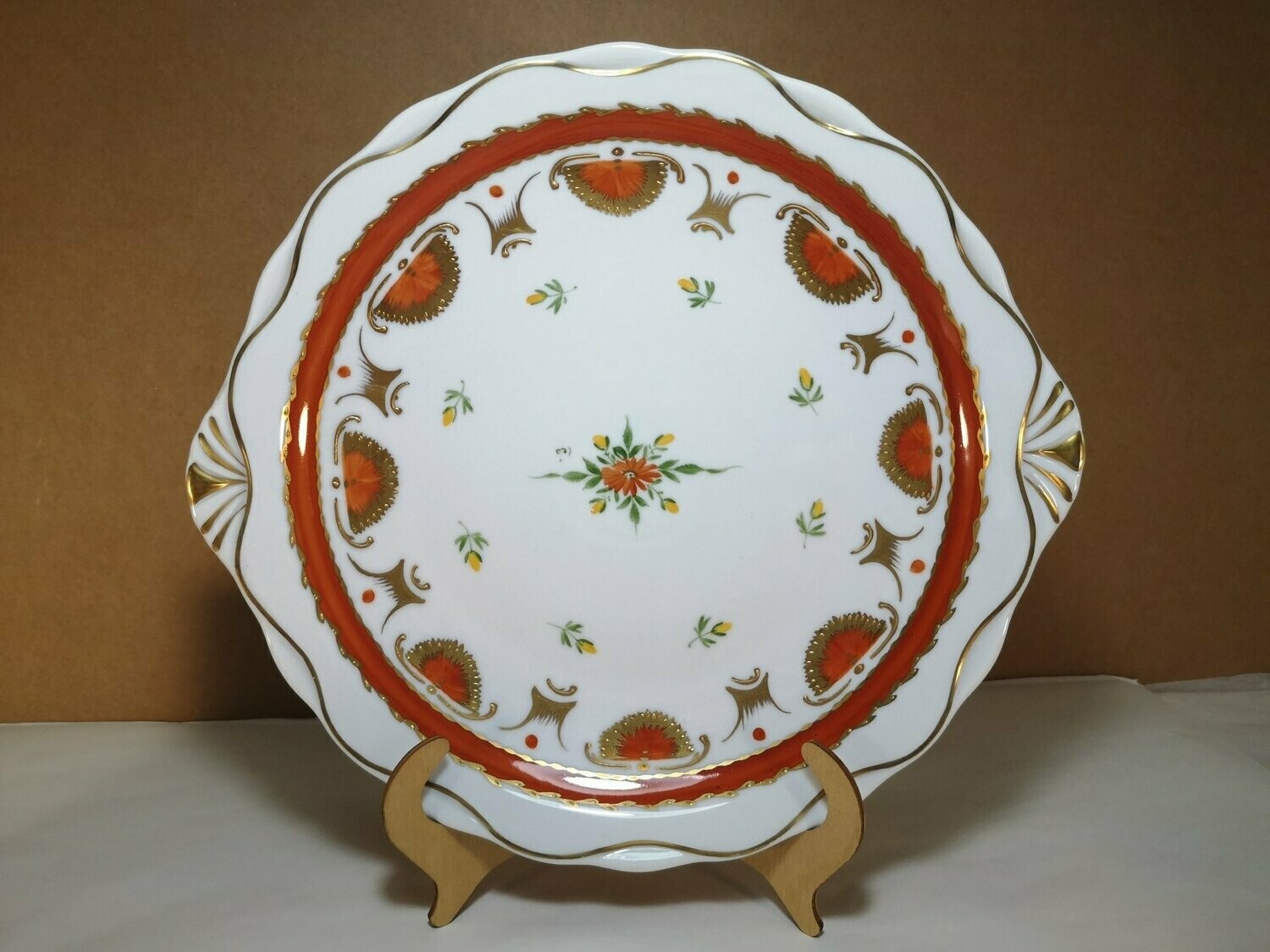 Limoges Antico Vassoio Tondo Rosso Decorato a Mano,  Dm. 29,5 cm