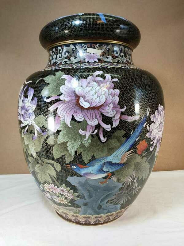 Potiche Cloisonné  Fondo Nero Con Fiori e Uccelli - H 53 cm